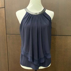 WHBM Navy Halter Tank Faux Leather Neckline  S